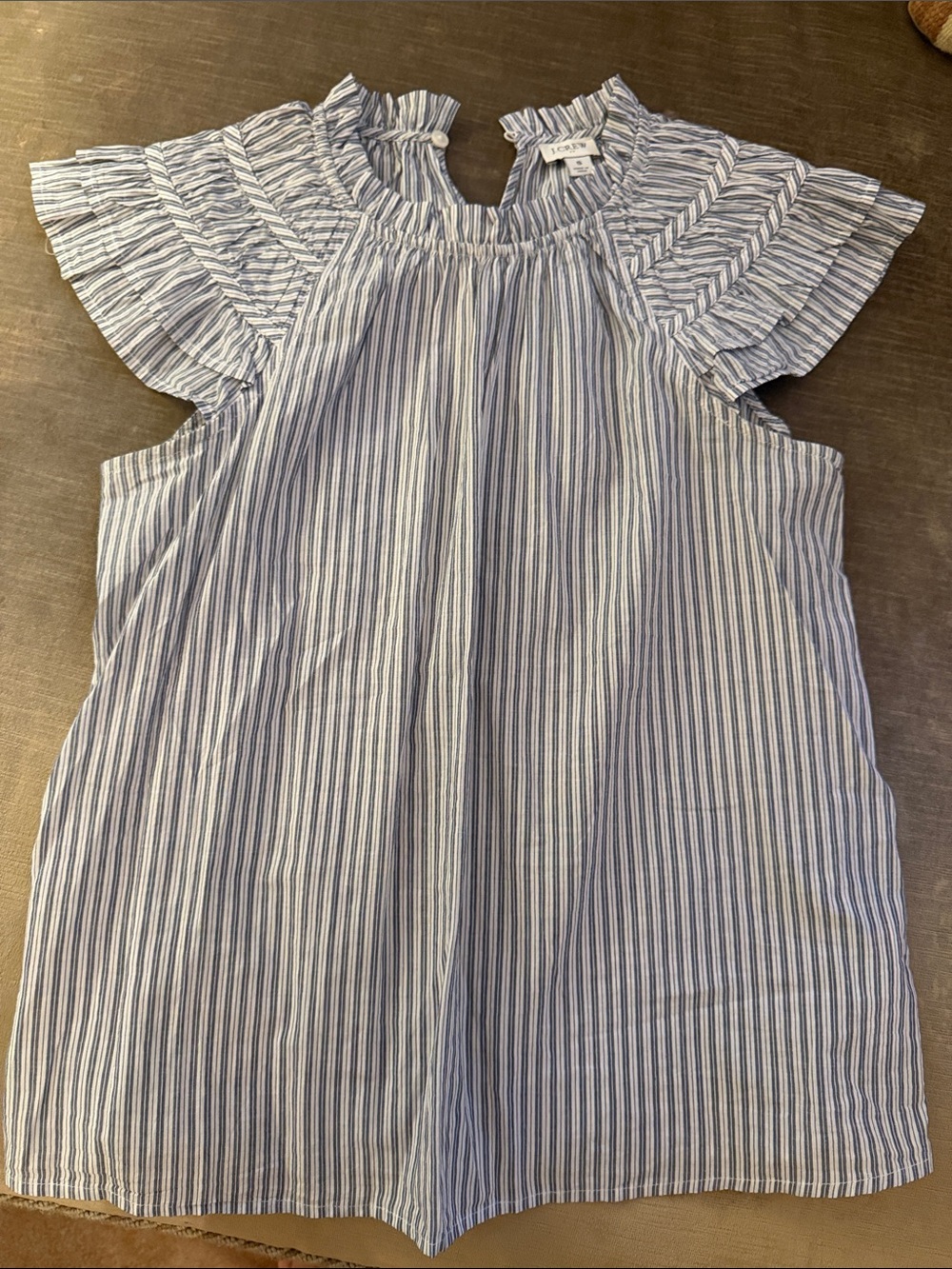J. Crew Factory Blue and White Striped Ruffle Sleeve Top